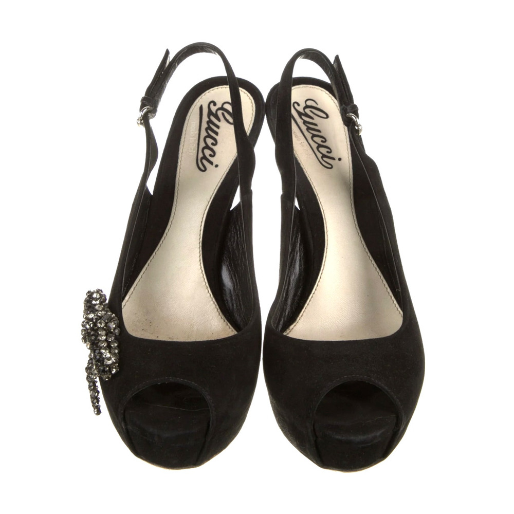 Gucci 8 Rhinestone $1120 Bow Slingback Platform Heels Suede Peeptoe Pumps 38 - Picture 5 of 14